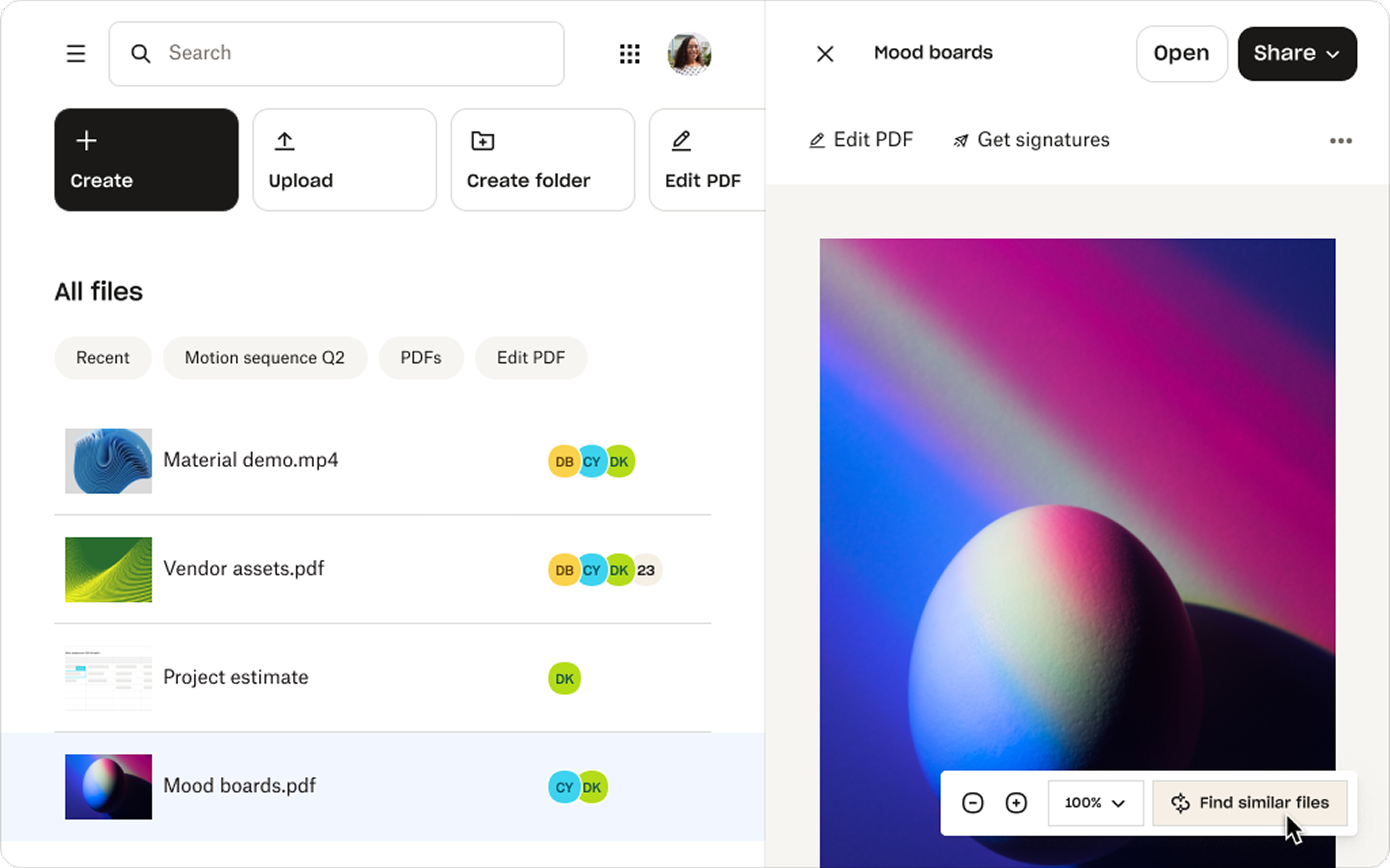 A screen showing mutliple different file types all on one screen within Dropbox