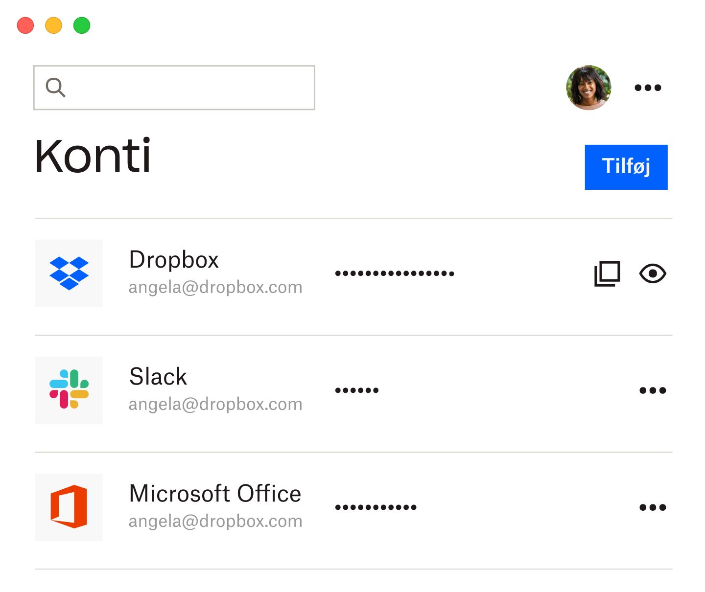Dropbox-adgangskodeadministratoren med listen over gemte adgangskoder til Dropbox, Slack og Microsoft Office