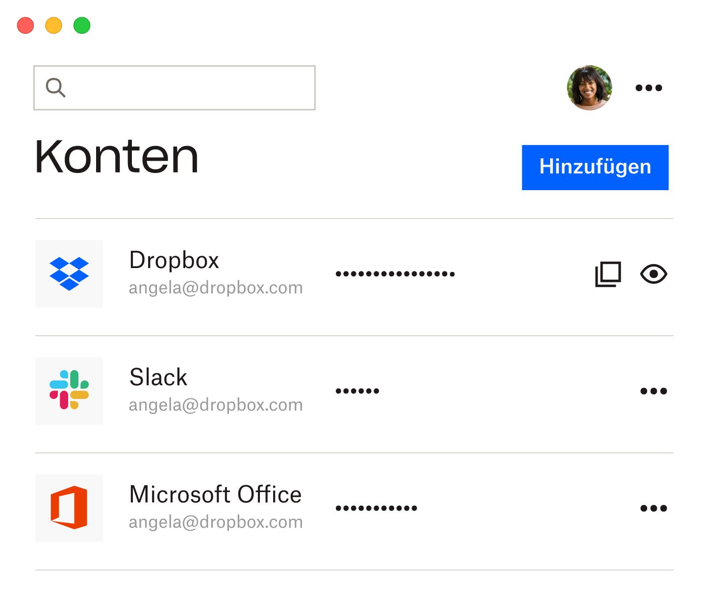 Der Passwortmanager von Dropbox mit der Liste der gespeicherten Passwörter für Dropbox, Slack und Microsoft Office