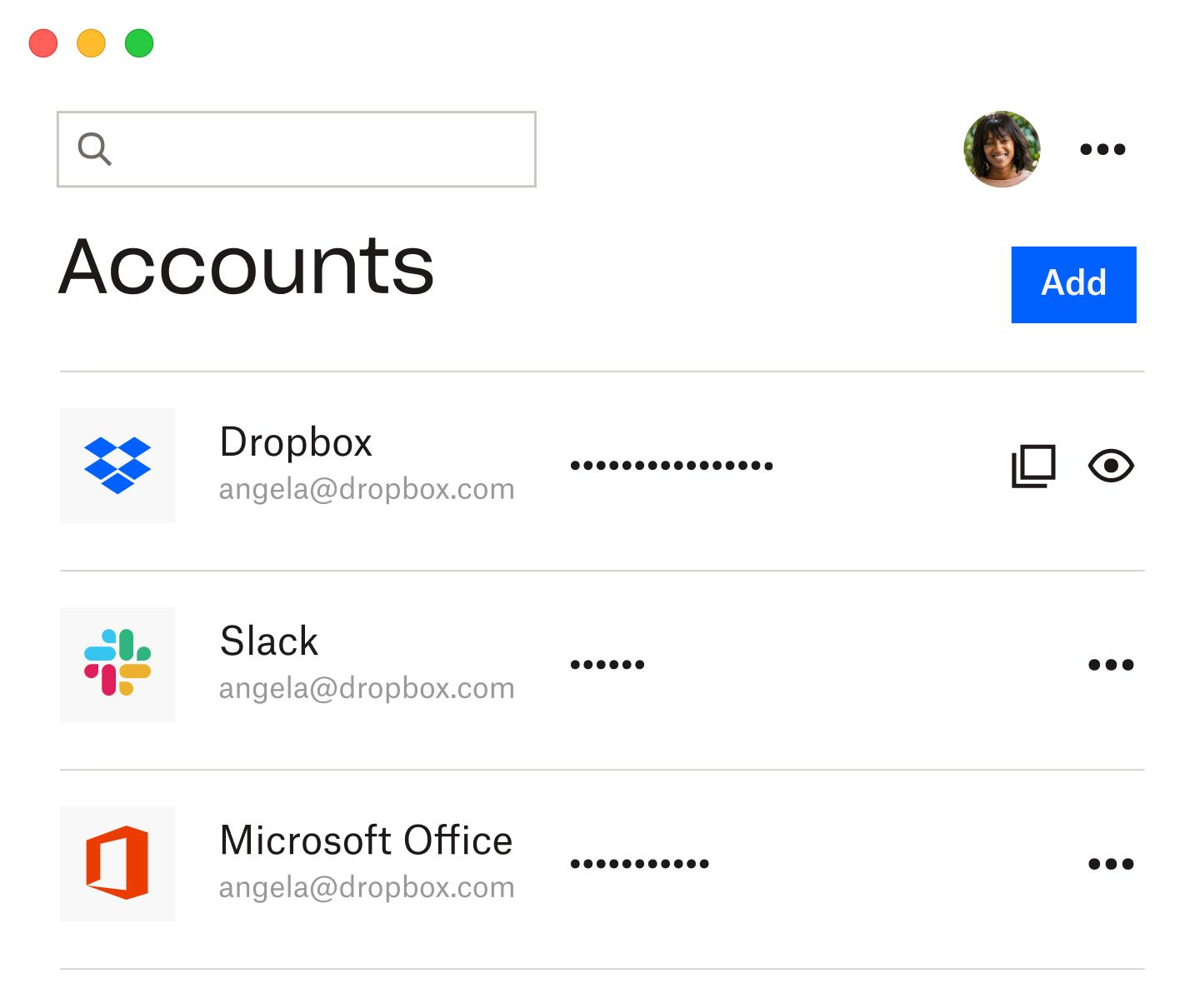 The Dropbox password manager with the list of saved passwords for Dropbox, Slack and Microsoft Office