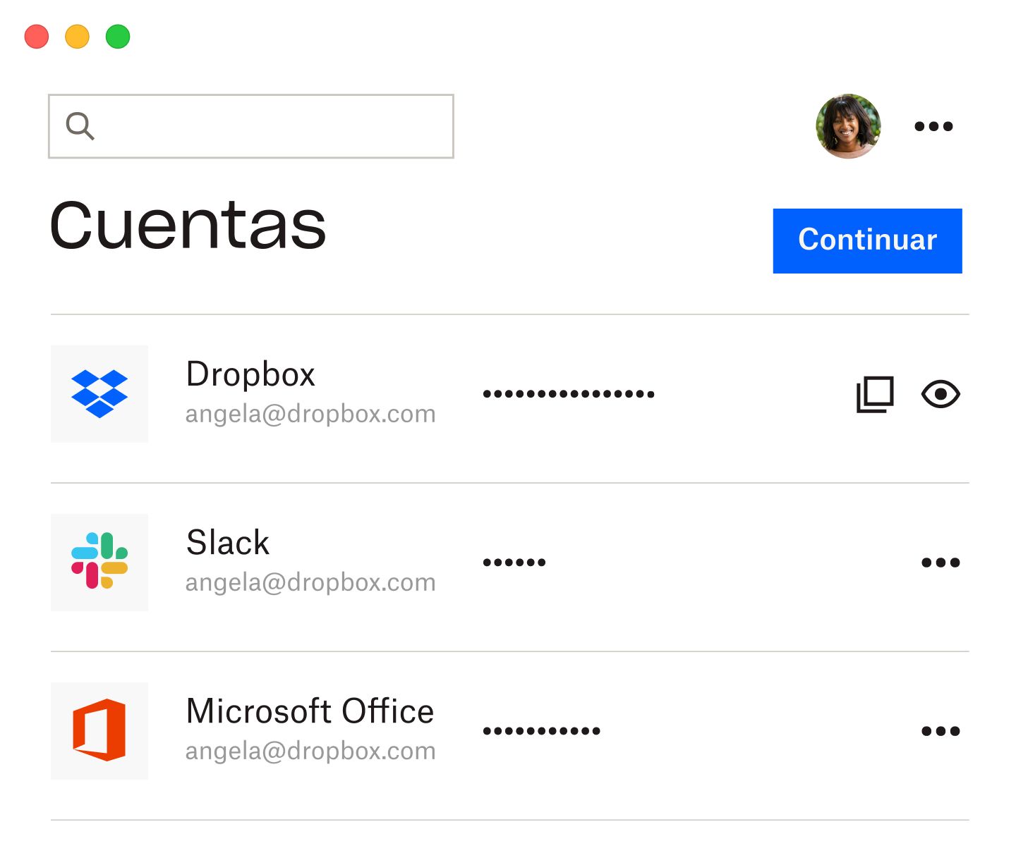 El gestor de contraseñas de Dropbox con la lista de contraseñas guardadas de Dropbox, Slack y Microsoft Office