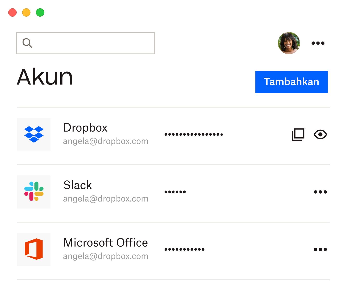 Pengelola kata sandi Dropbox dengan daftar kata sandi yang disimpan untuk Dropbox, Slack, dan Microsoft Office
