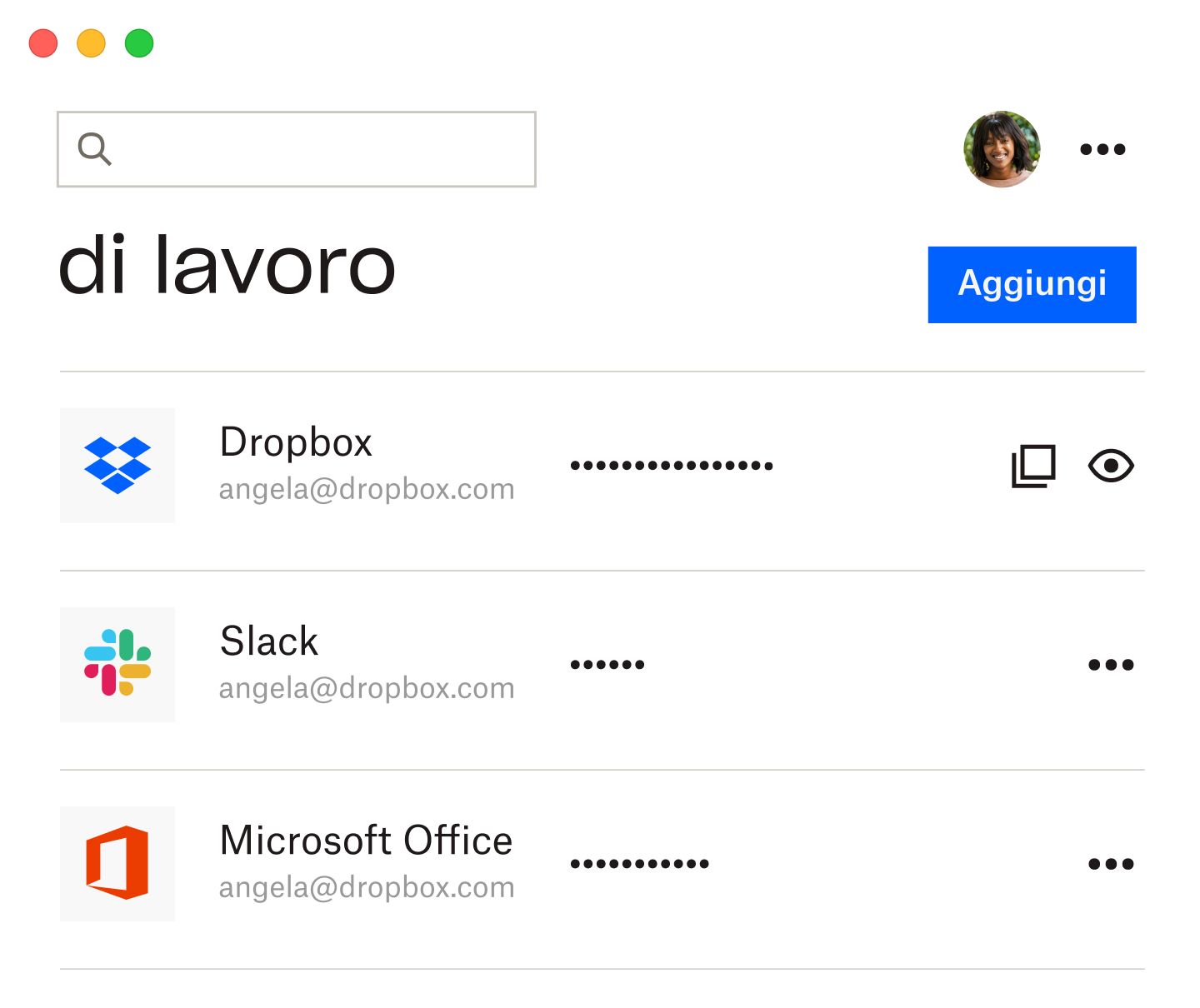 Il gestore di password di Dropbox con l'elenco delle password salvate per Dropbox, Slack e Microsoft Office