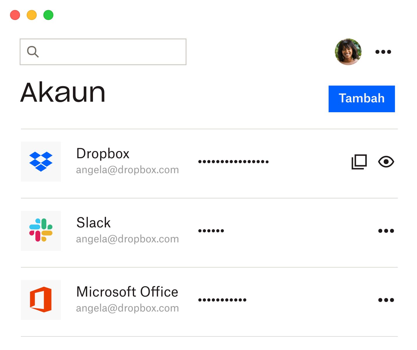 Pengurus kata laluan Dropbox dengan senarai kata laluan yang disimpan untuk Dropbox, Slack dan Microsoft Office