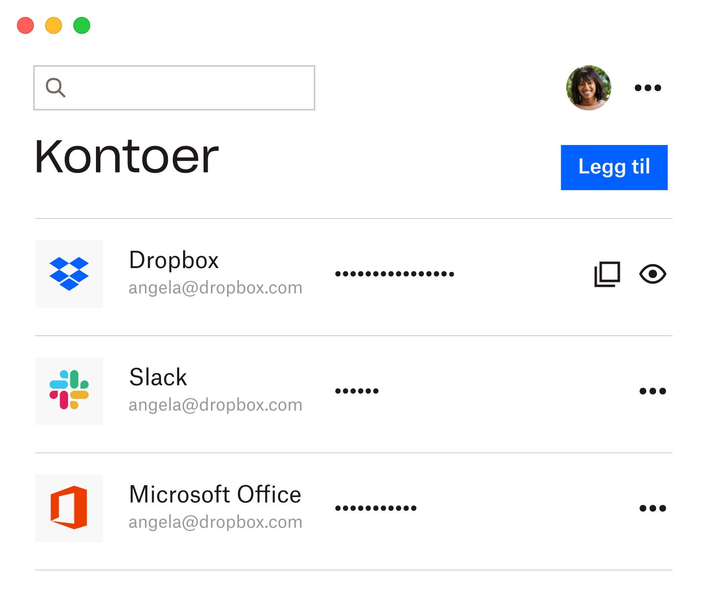 Dropbox-passordbehandler med listen over lagrede passord for Dropbox, Slack og Microsoft Office