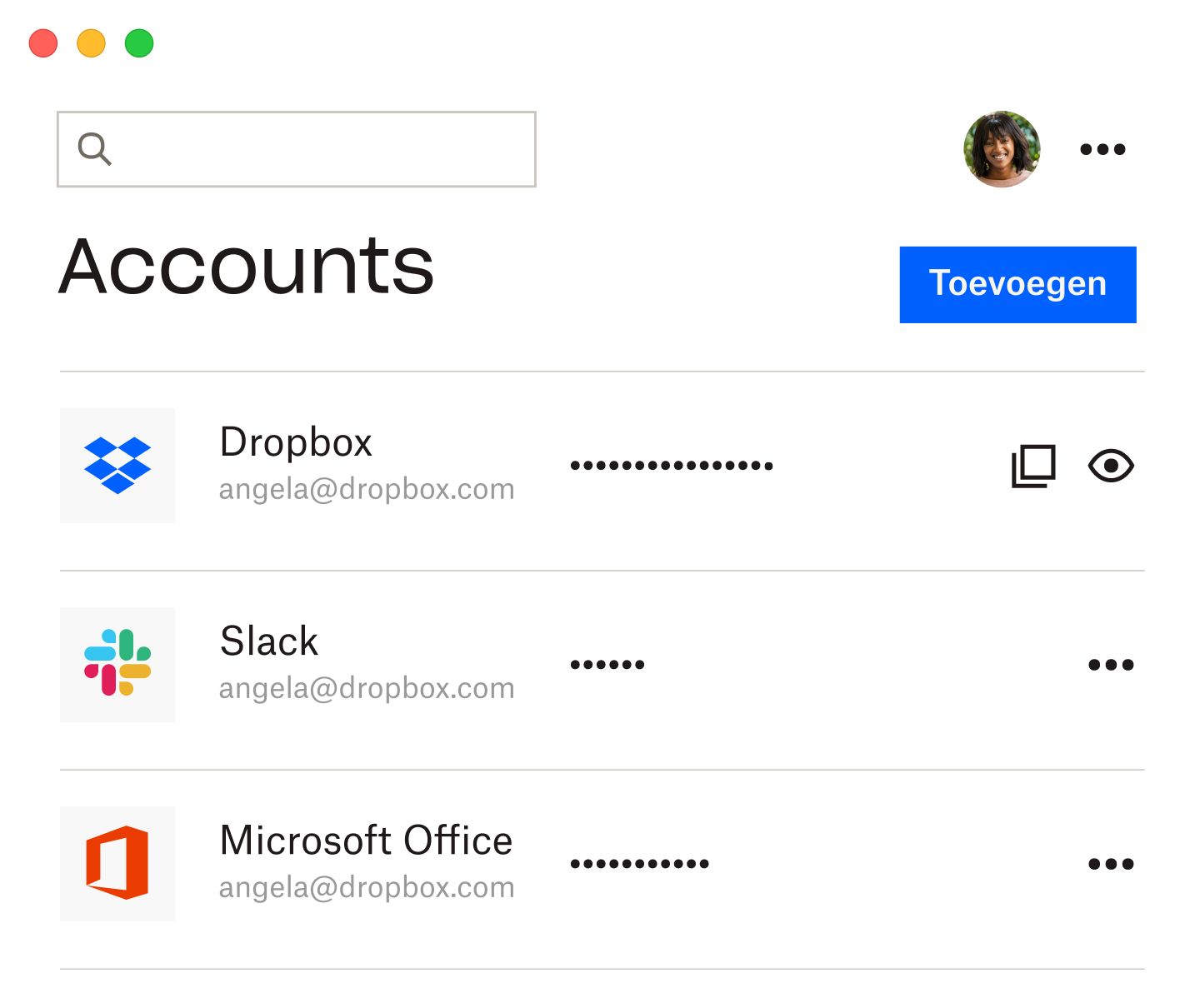 De Dropbox-wachtwoordmanager met de lijst van opgeslagen wachtwoorden voor Dropbox, Slack en Microsoft Office