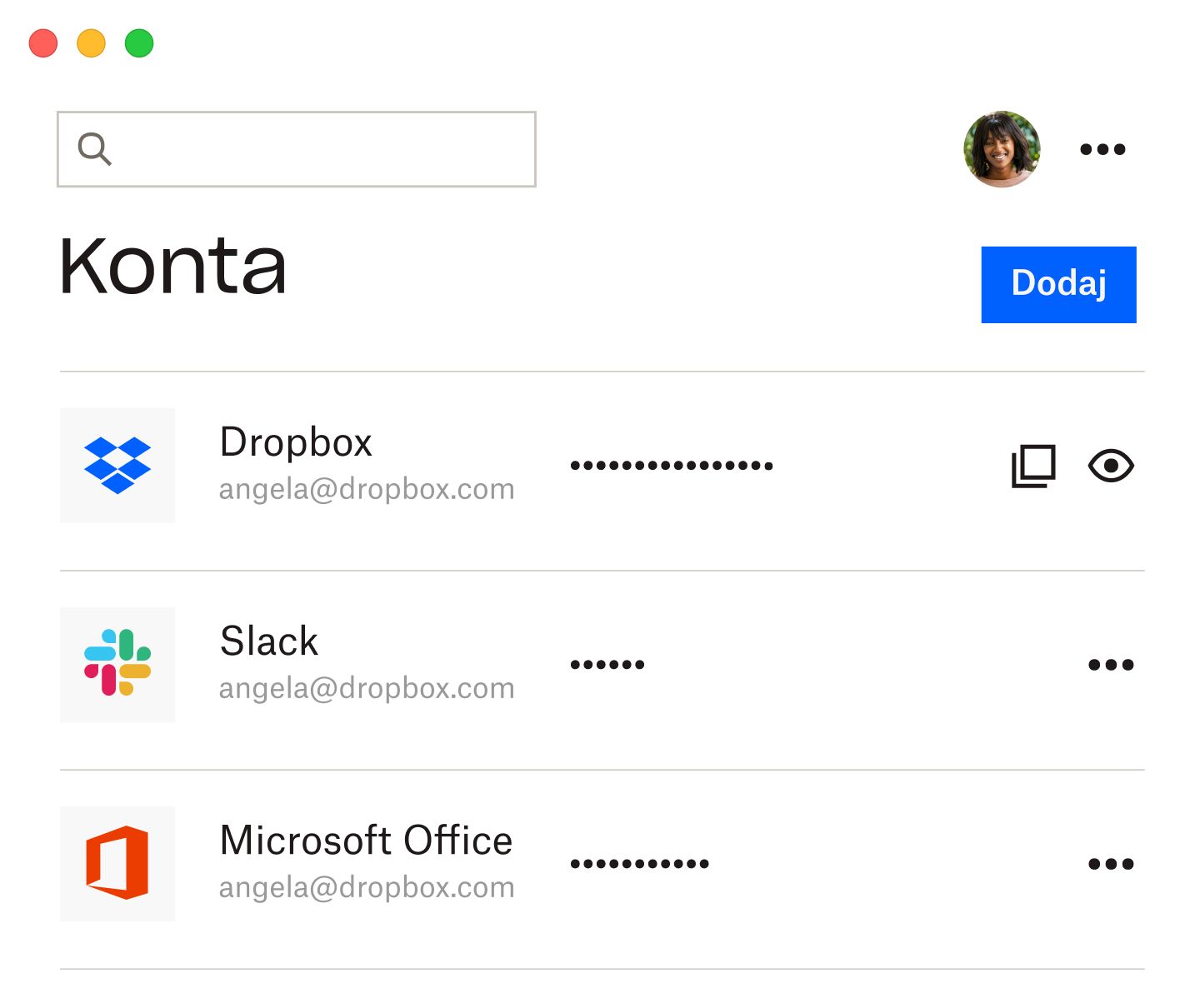 Menedżer haseł Dropbox z listą zapisanych haseł do Dropbox, Slack i Microsoft Office