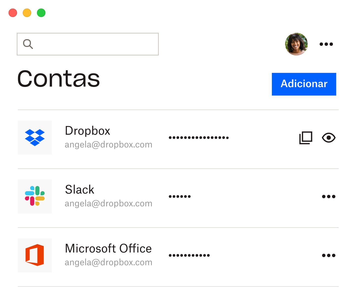 Gerenciador de senhas do Dropbox com a lista de senhas salvas para o Dropbox, o Slack e o Microsoft Office