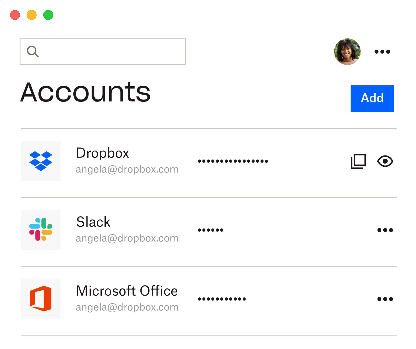 The Dropbox password manager with the list of saved passwords for Dropbox, Slack, and Microsoft Office