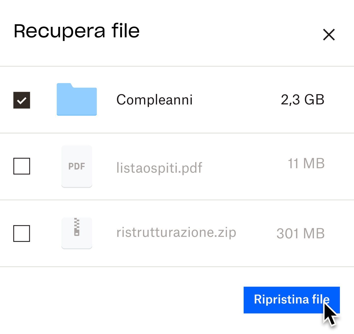 Un utente mentre fa clic su un pulsante blu con la scritta &quot;restore files&quot; (ripristina file)