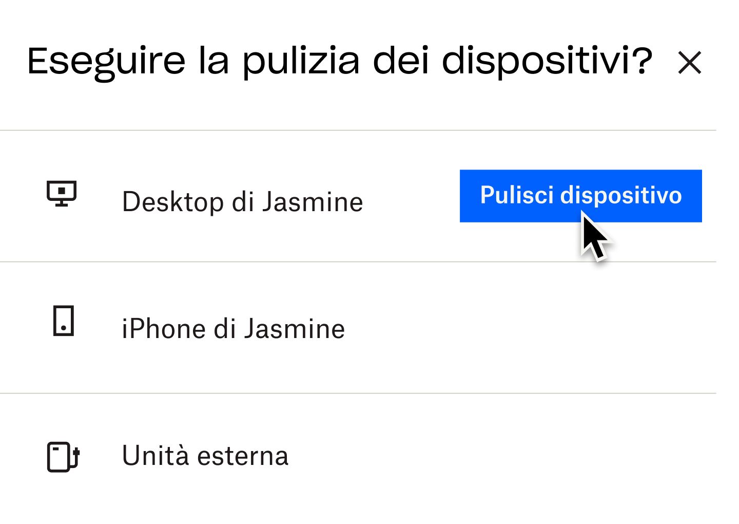 Un utente fa clic su un pulsante blu con la scritta “wipe device” (pulisci il dispositivo)