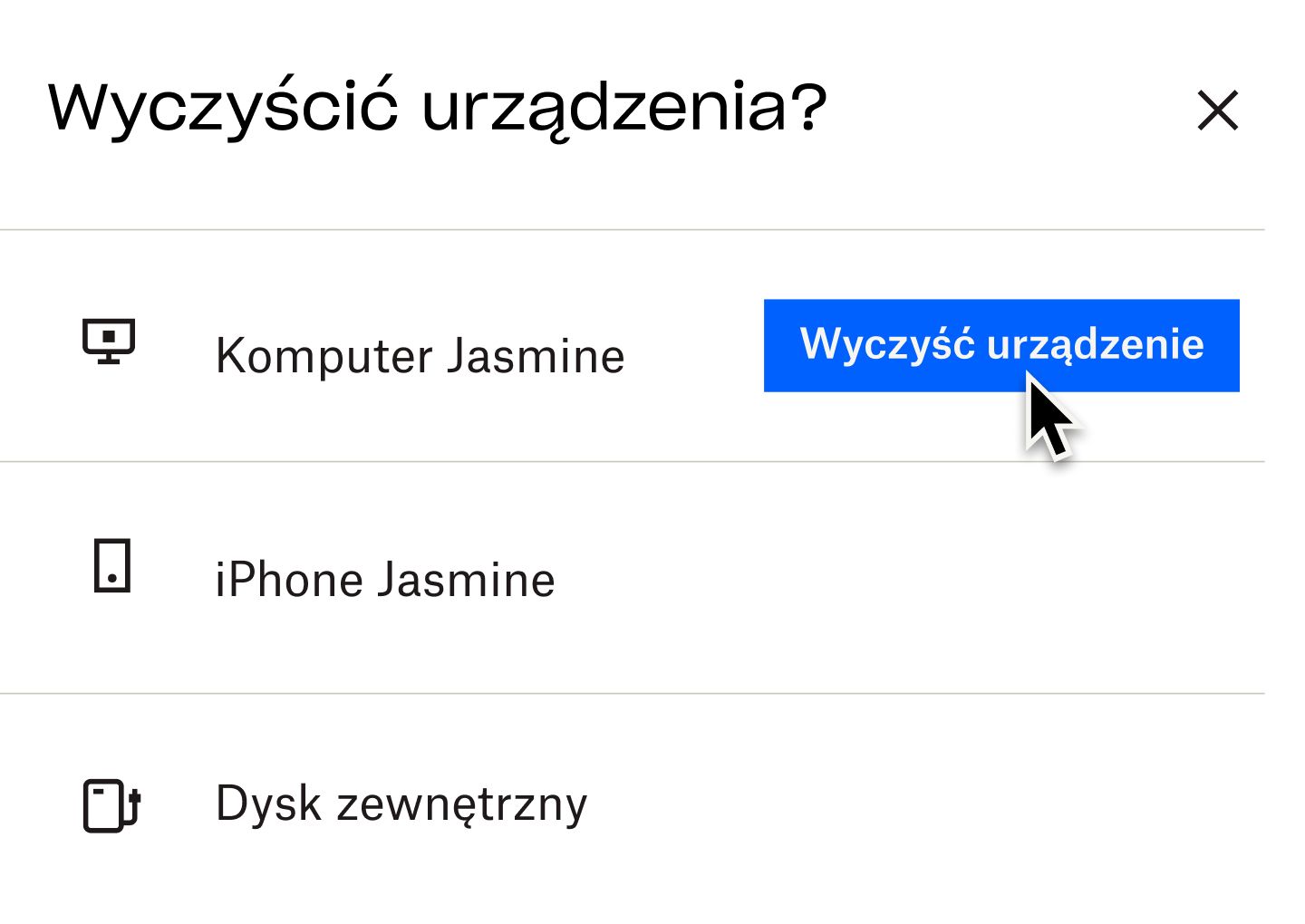 Użytkownik klikający niebieski przycisk z napisem „wipe device” (wyczyść urządzenie)