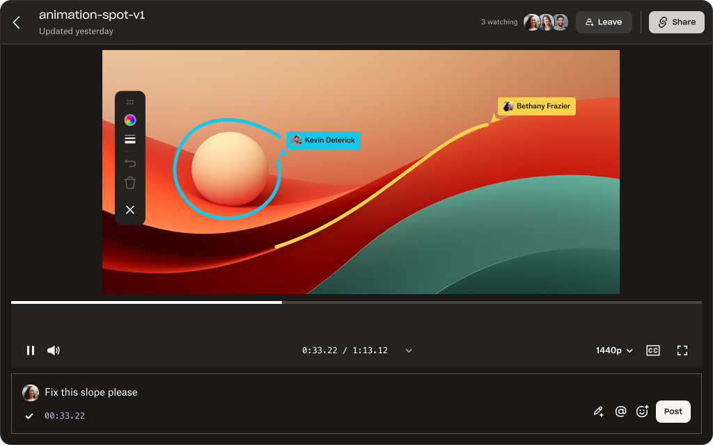A screenshot of Dropbox Replay showing the annotation of a frame to provide feedback for a creative project.
