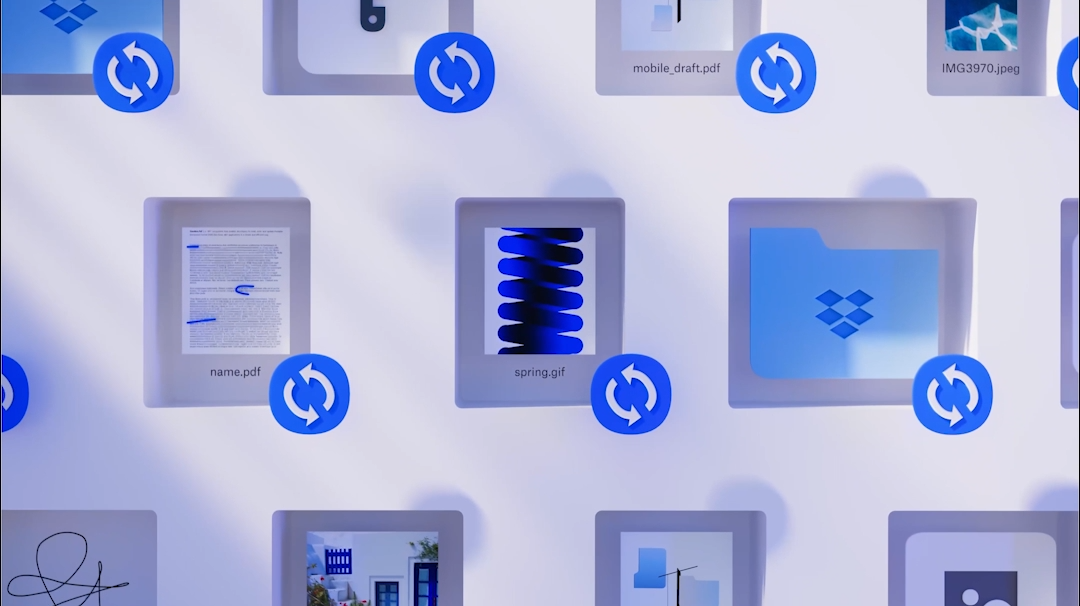 Dropbox highlights its new look and features, including fast content syncing.