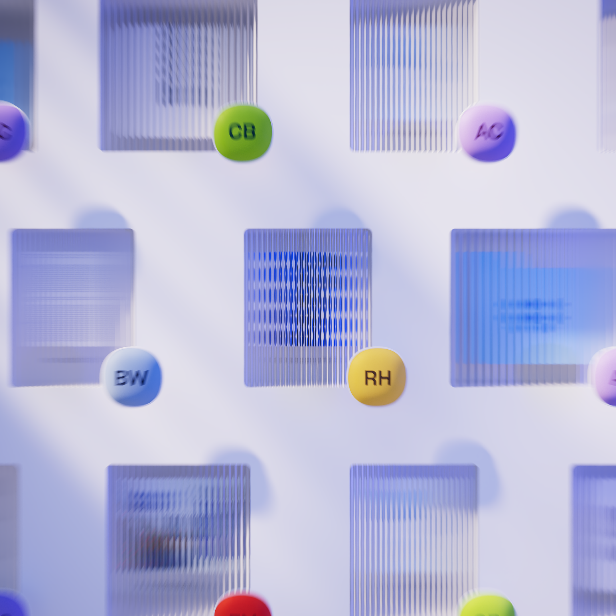 Display of multiple files with user initials to denote sharing access.