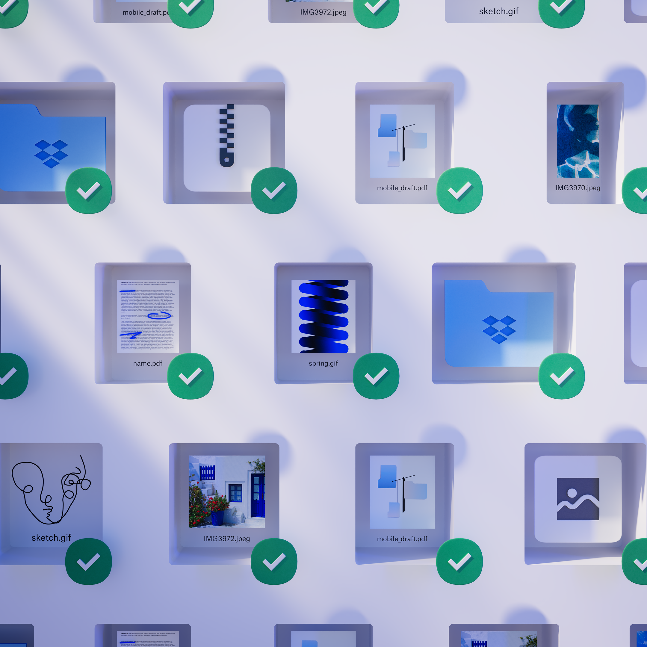 Abstract image of files displaying green check marks to denote confirmation of complete syncing.