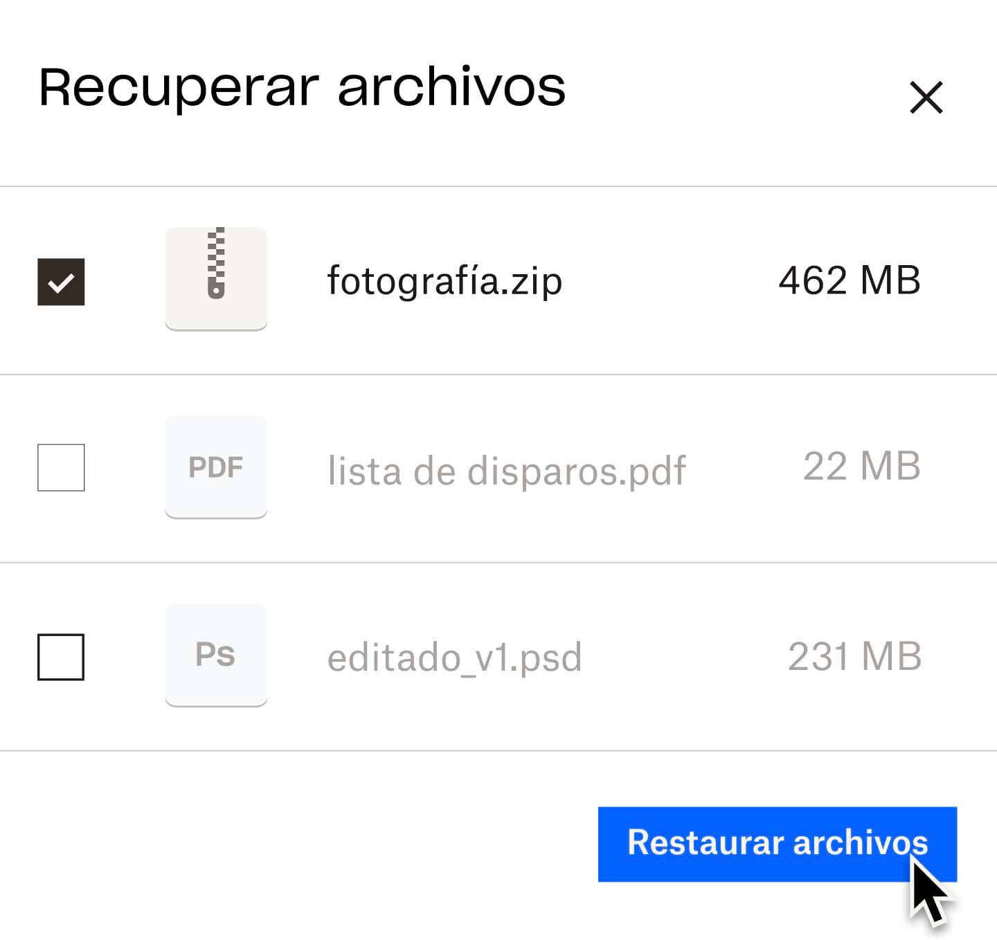 Un usuario que selecciona un archivo .zip que se recuperará de Dropbox Backup