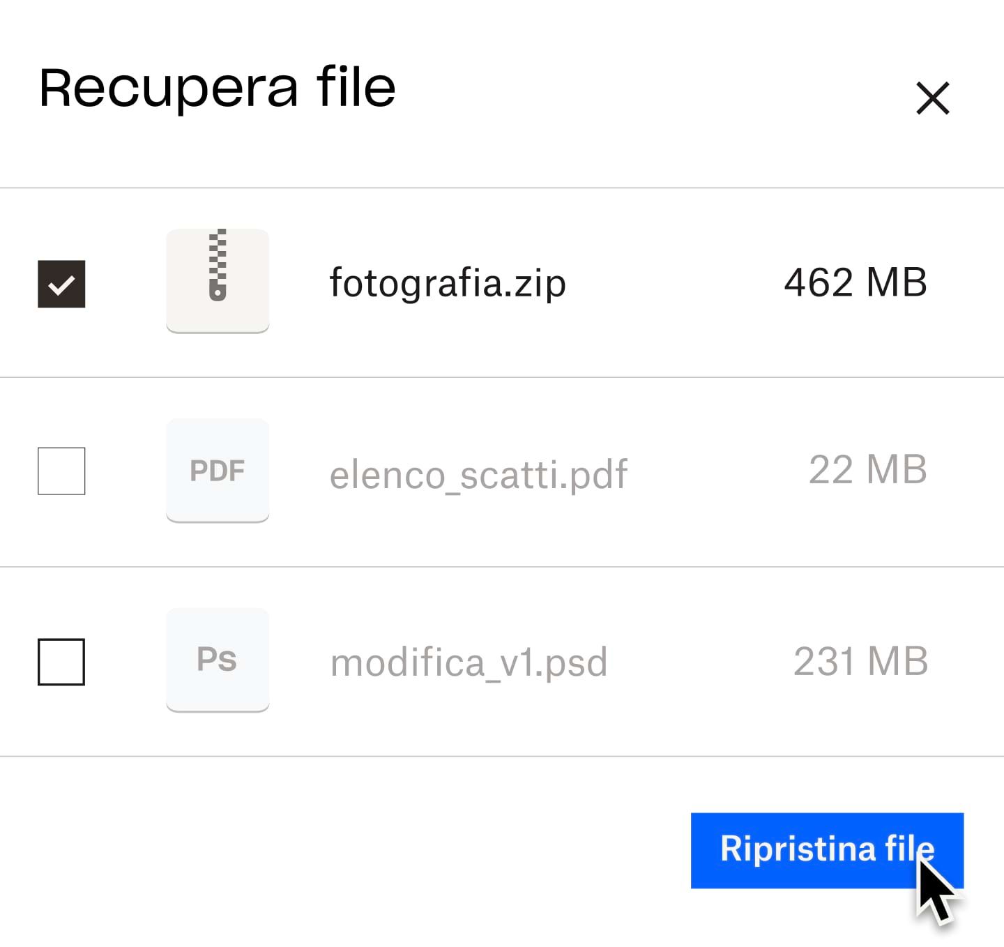 Un utente che seleziona un file .zip da recuperare da Dropbox Backup