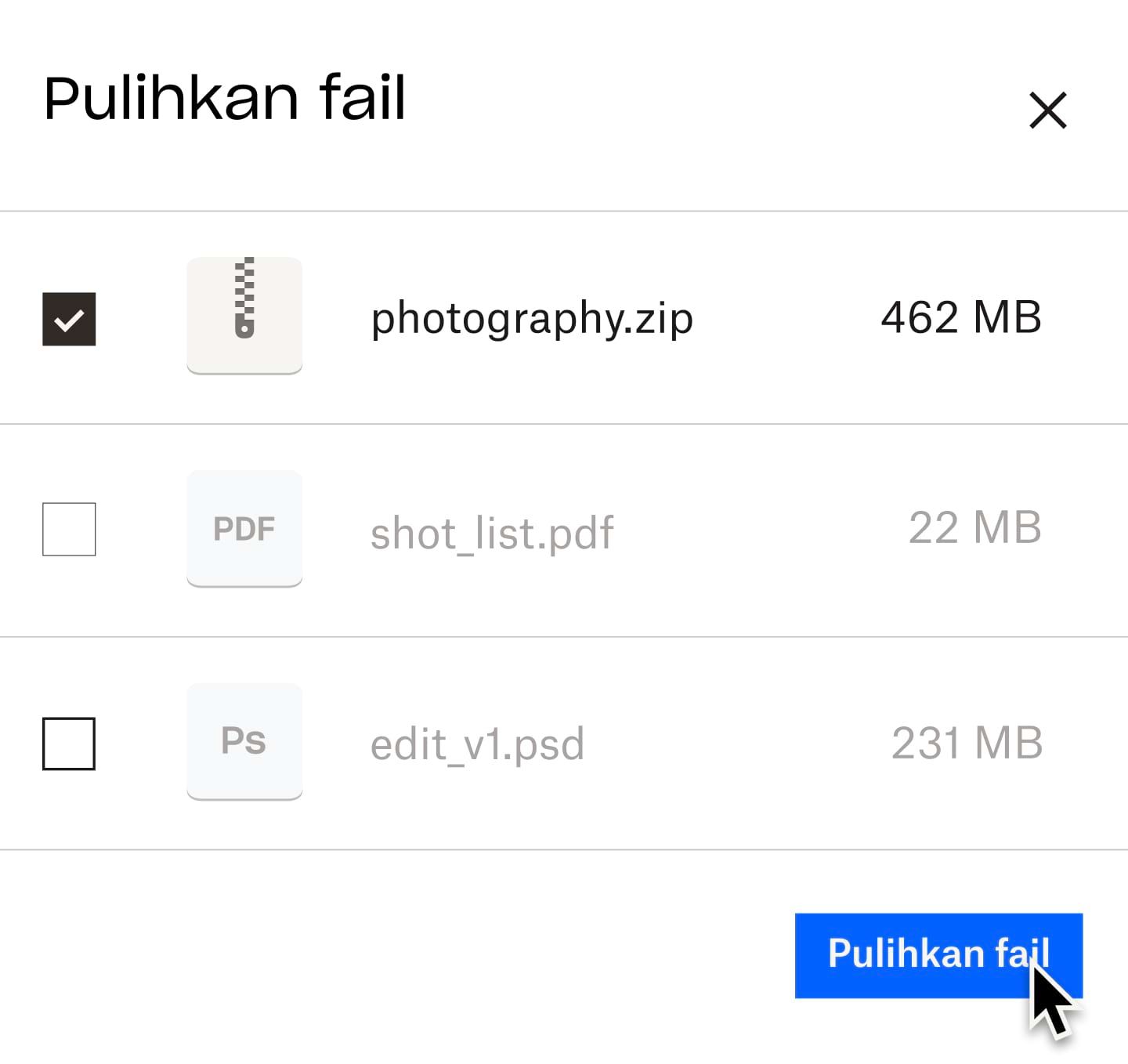 Pengguna memilih fail .zip untuk dipulihkan daripada Dropbox Backup