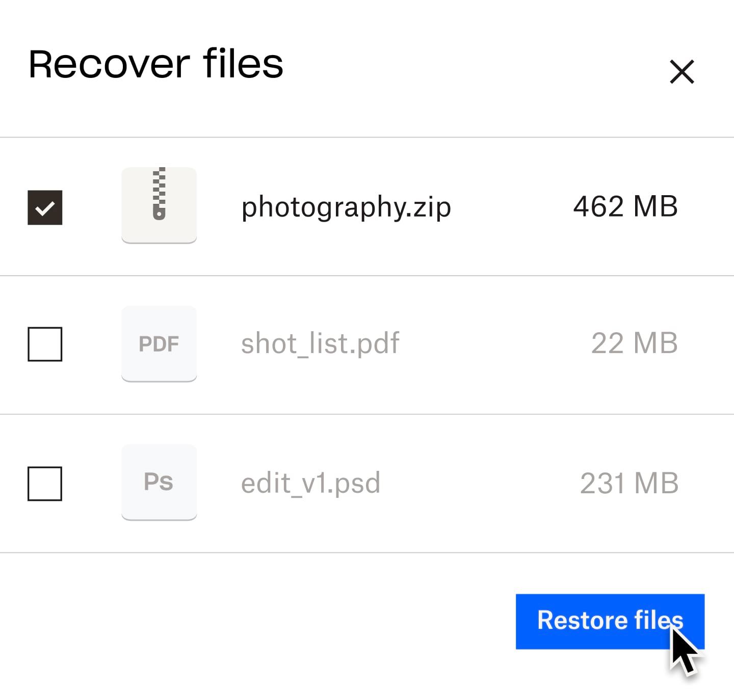 A user selecting a .zip file to be recovered from Dropbox Backup
