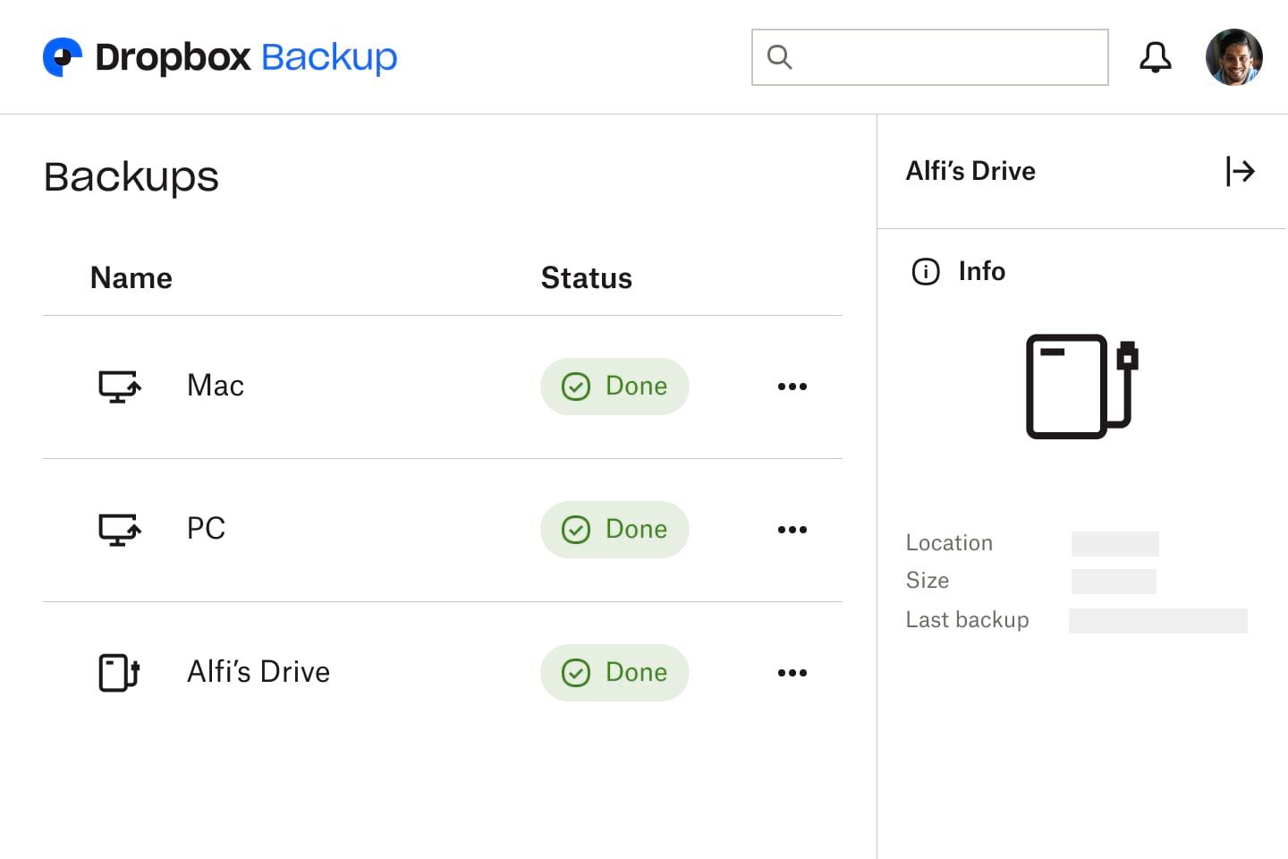 A picture of the Dropbox Backup interface with three drives that have completed their backup and show the status ‘done.’