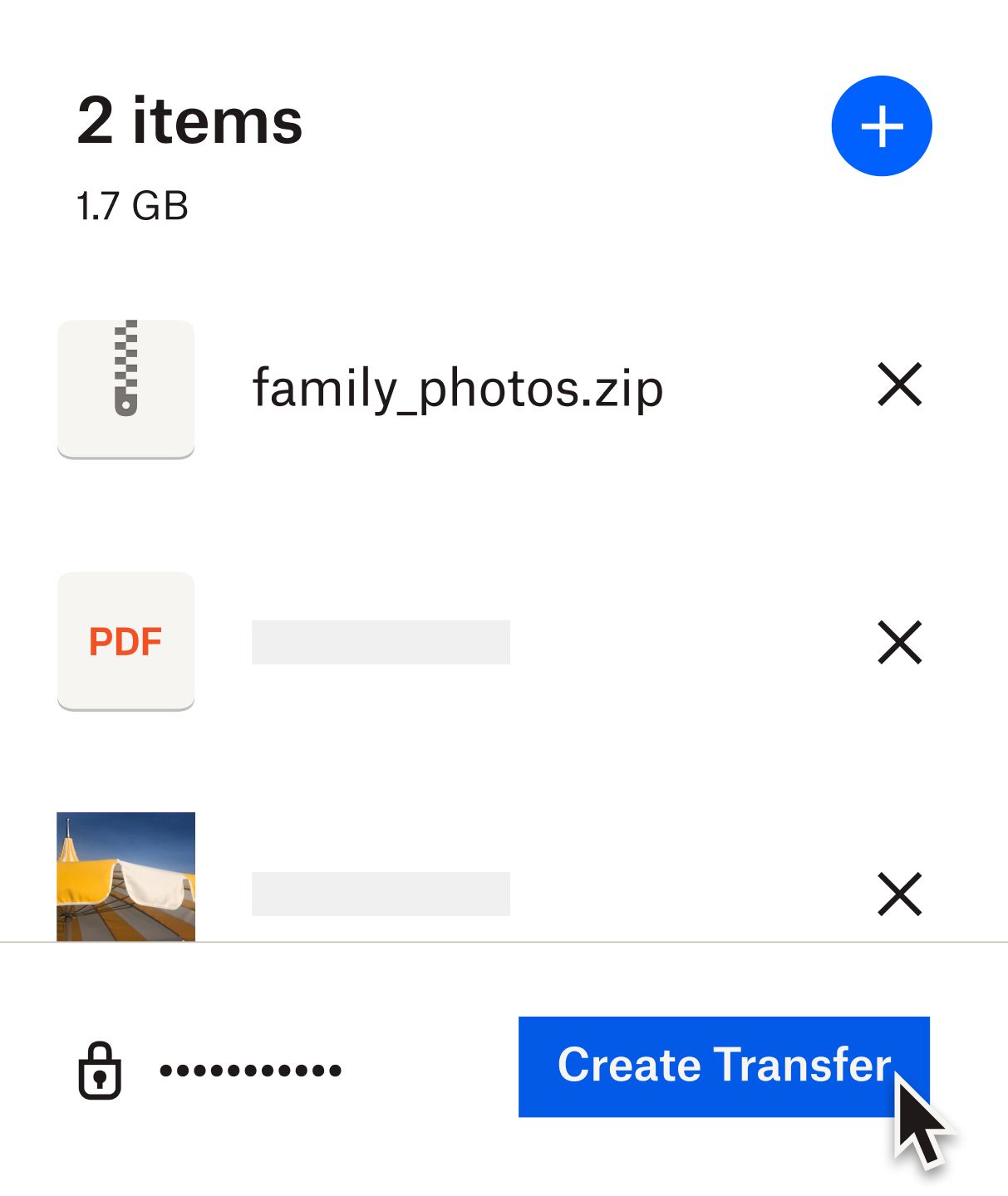 A user clicking on a blue button labeled “create transfer” to begin the transfer of two files to other users