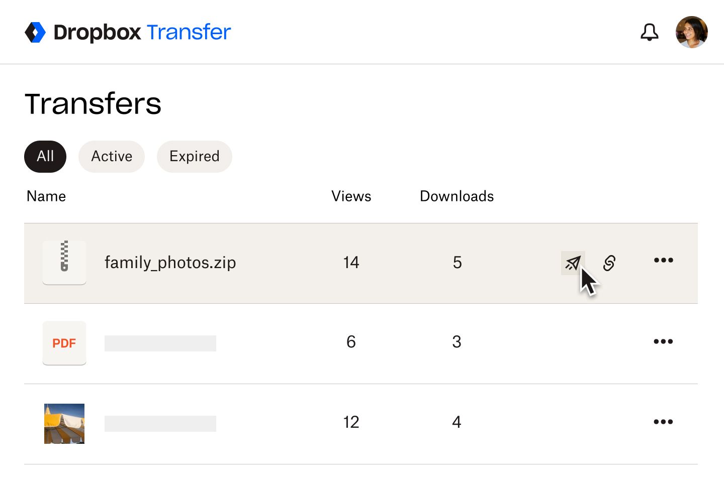 A user clicking on a paper plane icon to begin the transfer a .zip file to other users