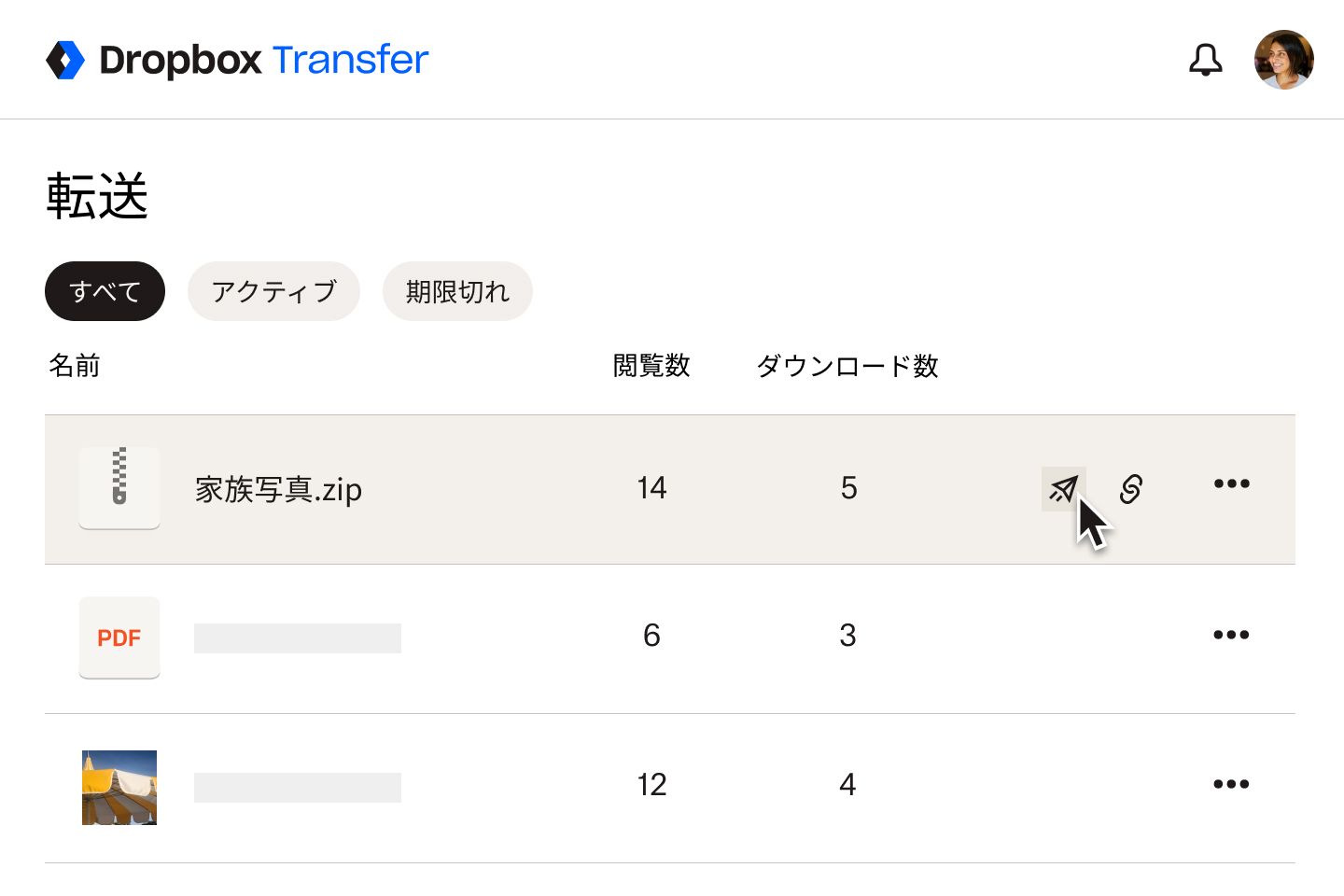 紙飛行機のアイコンをクリックして、.zip ファイルを他のユーザーに転送しようとしているユーザー
