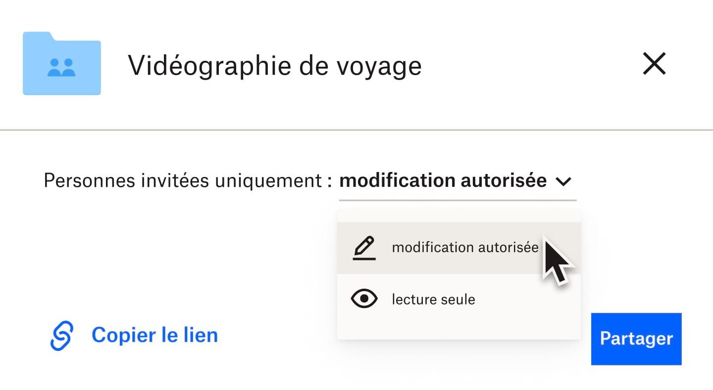 Utilisateur sélectionnant l’option “peut modifier” pour un fichier partagé avec d’autres utilisateurs