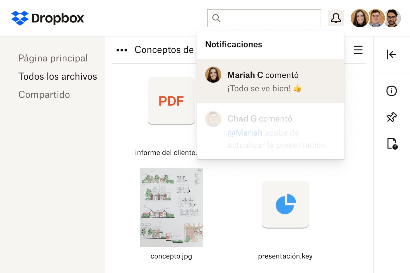 Superposición de alerta de notificación dentro de una carpeta de Dropbox que muestra los comentarios de los usuarios que tienen acceso a los documentos