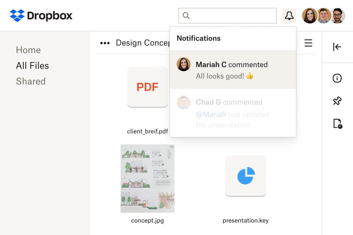 A notification alert overlay within a Dropbox folder that shows comments from users who have access to the documents
