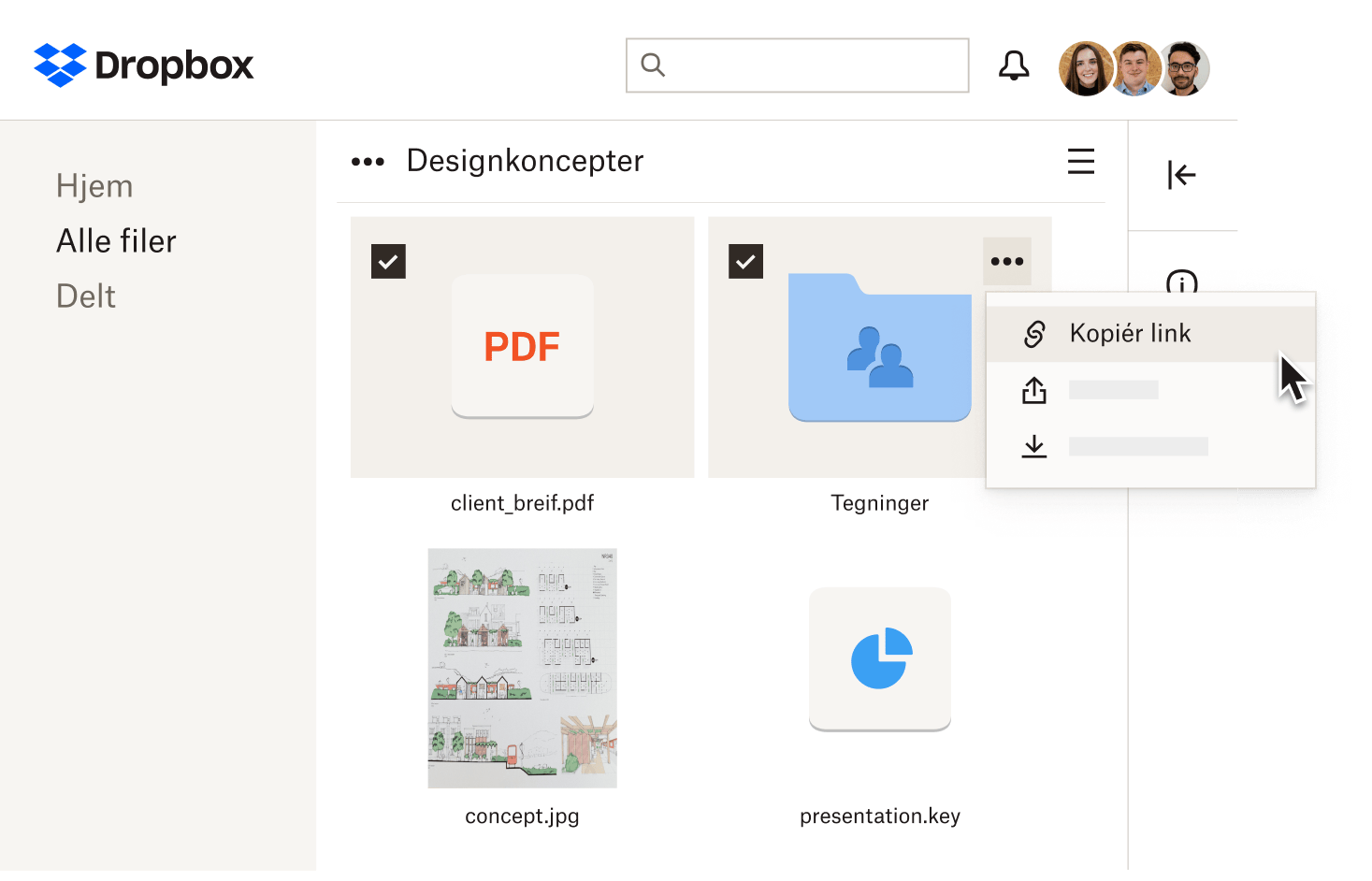 En bruger, der vælger &quot;kopiér link&quot; for to mapper, der er gemt i Dropbox