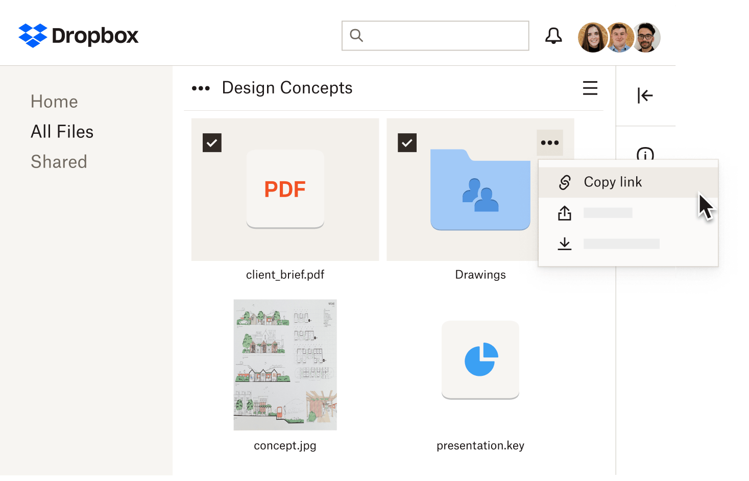A user selecting ‘copy link’ on two folders saved within Dropbox