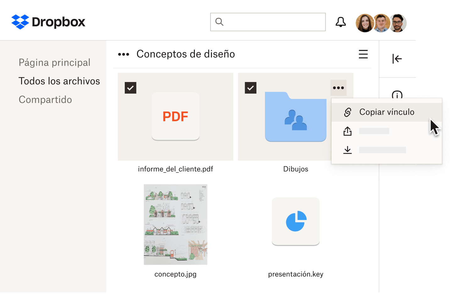 Un usuario selecciona "copiar enlace" en dos carpetas guardadas en Dropbox.