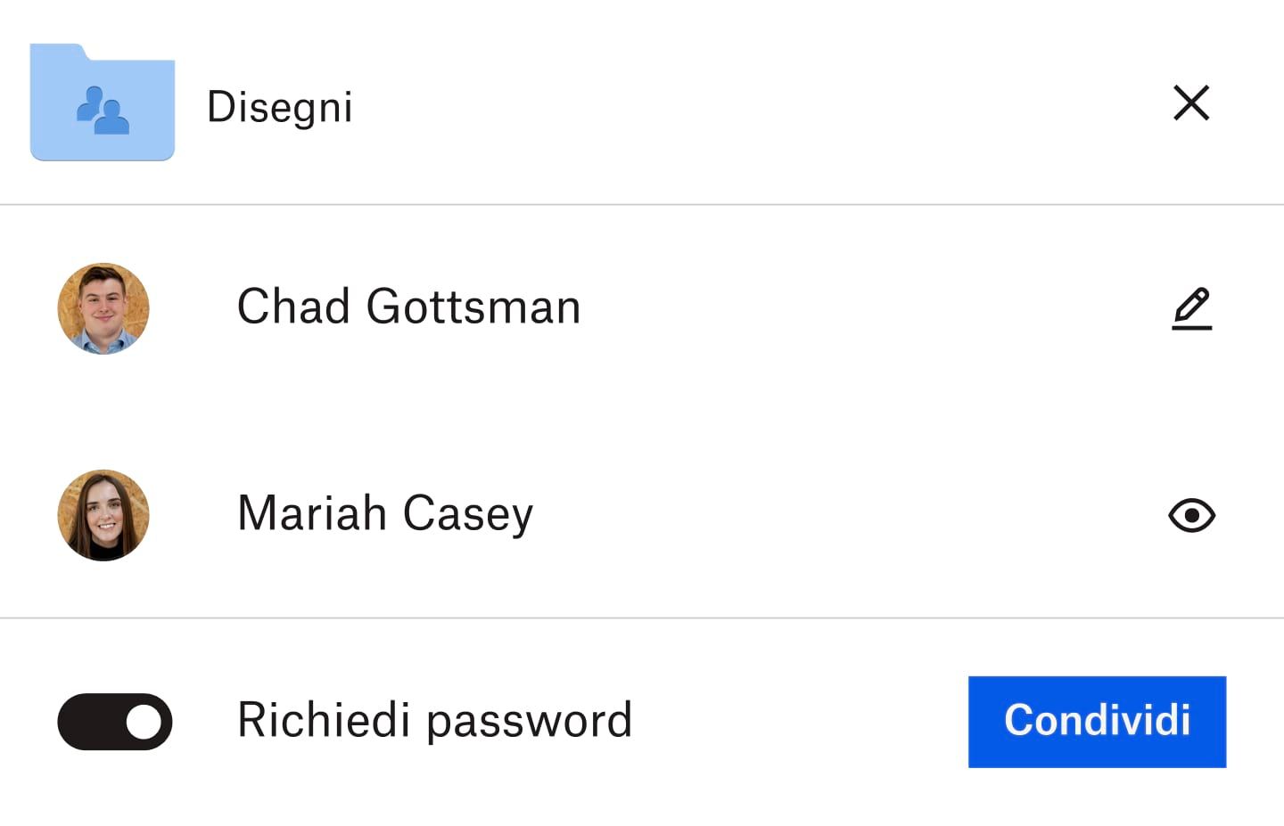 Una cartella con l'opzione per richiedere la password impostata su On