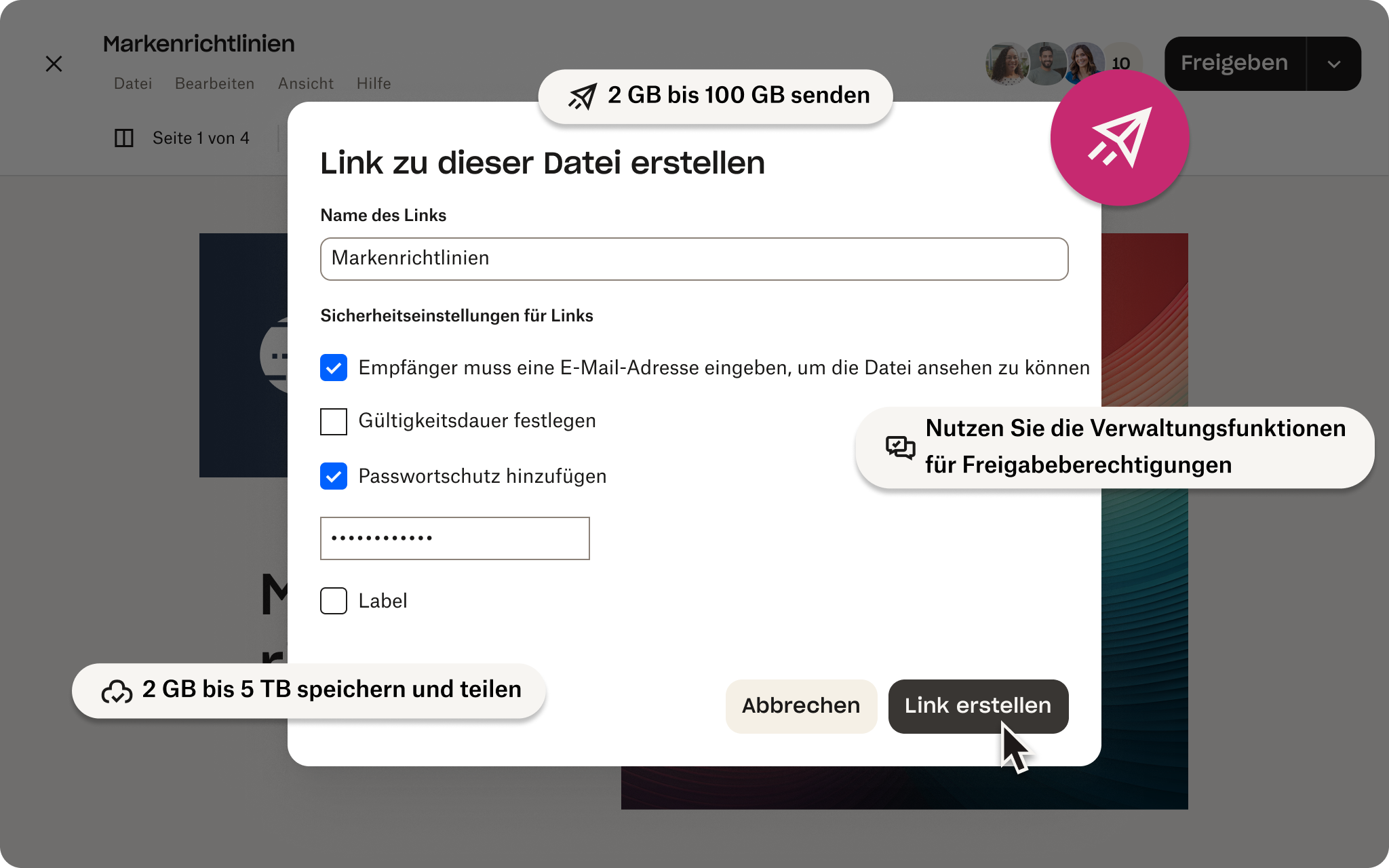 Benutzeroberfläche zum Senden von Dateien an Dropbox mit eingeblendeten Vorteilen