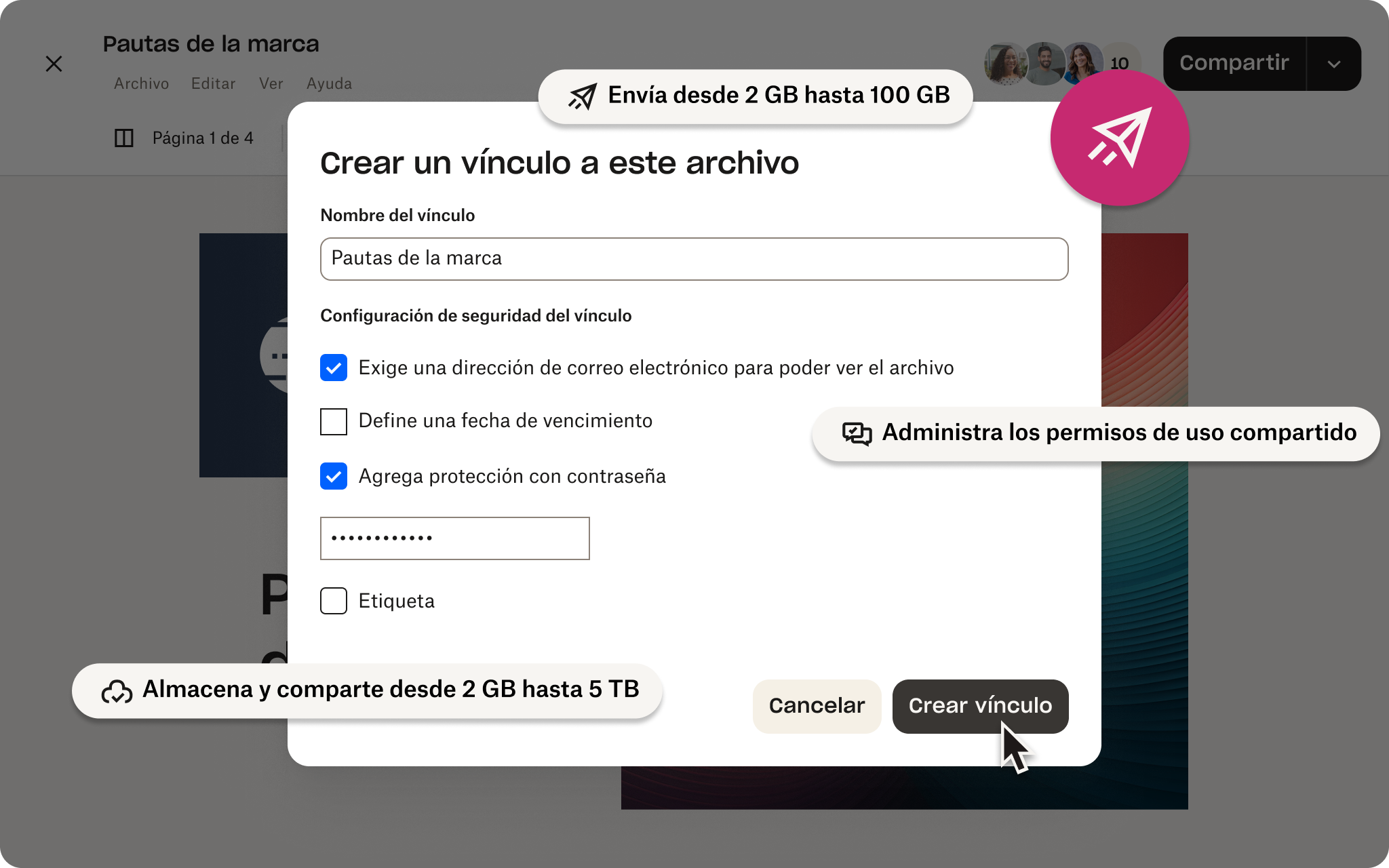 Una interfaz de usuario para enviar archivos en Dropbox con beneficios superpuestos