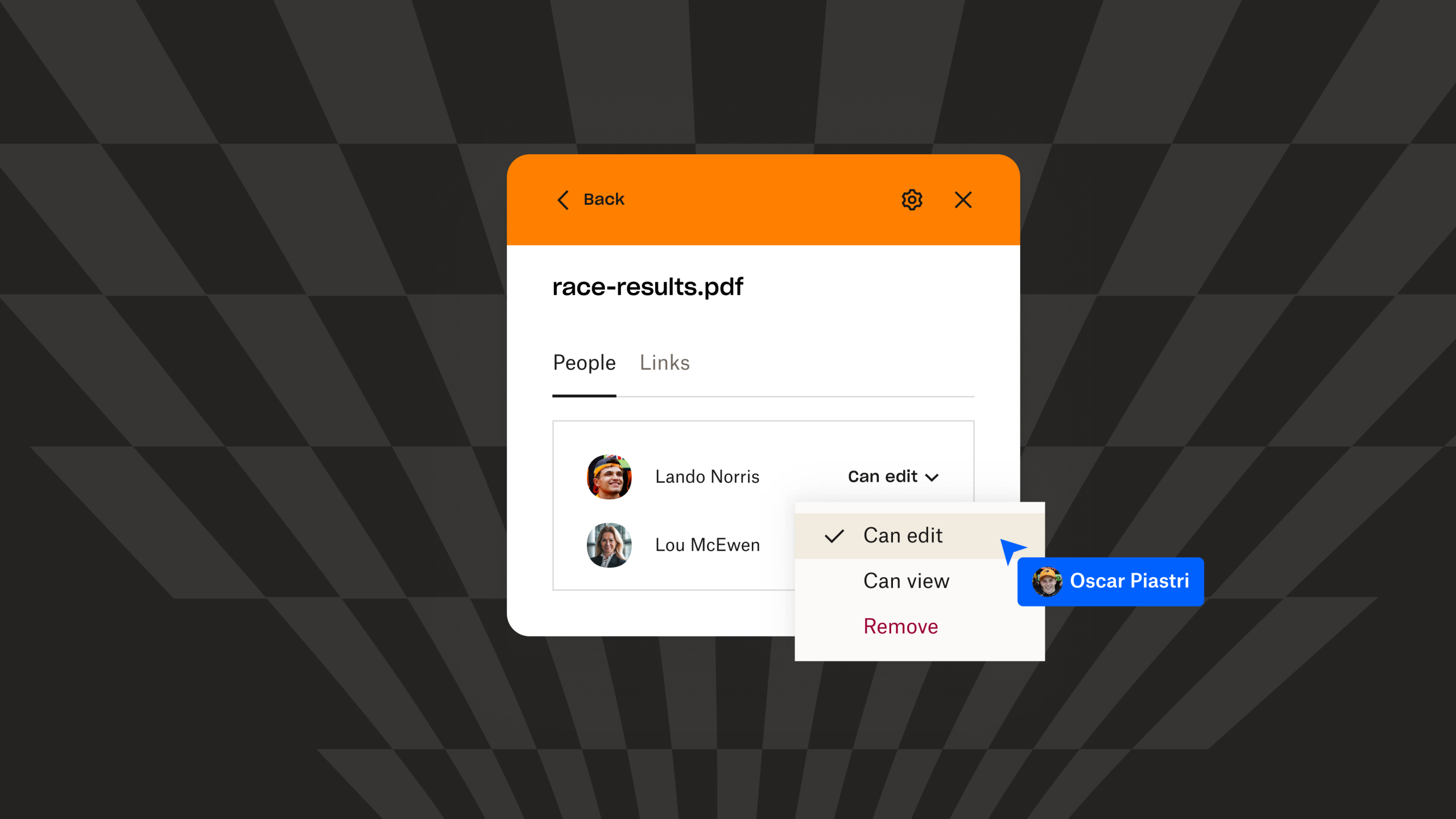 Exemple de définition d’une autorisation d’accès à un fichier dans Dropbox par l’écurie de Formule 1 McLaren.