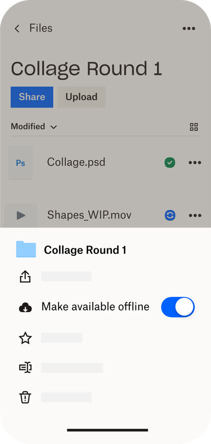 A user selecting the “make available offline” toggle for a folder in Dropbox