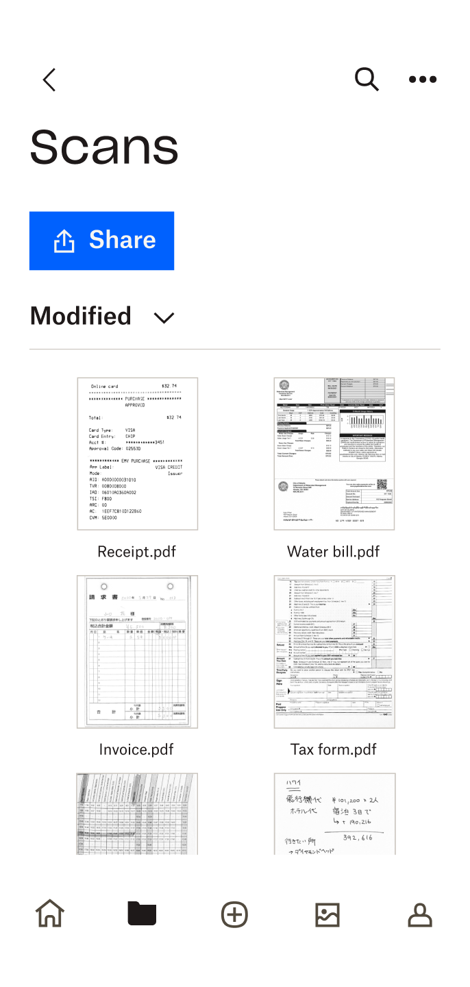 Previews of files saved in a Dropbox folder as viewed on a mobile phone
