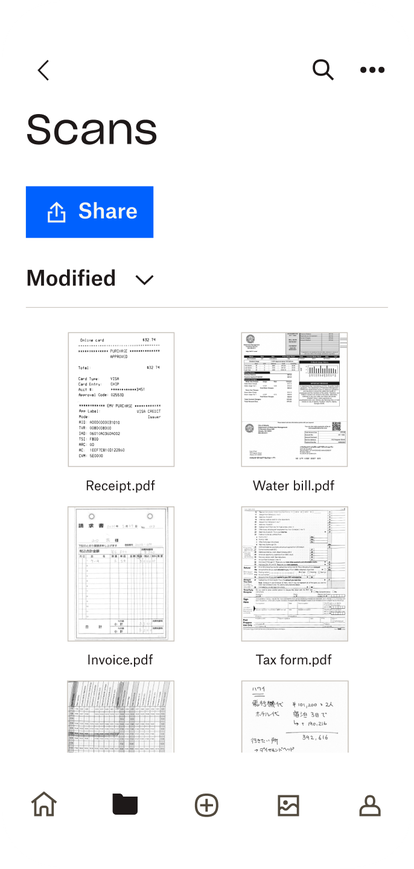 Previews of files saved in a Dropbox folder as viewed on a mobile phone