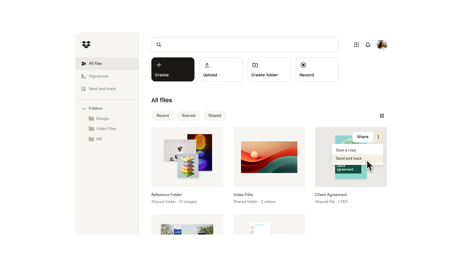 Dropbox dashboard showcasing multiple document types.