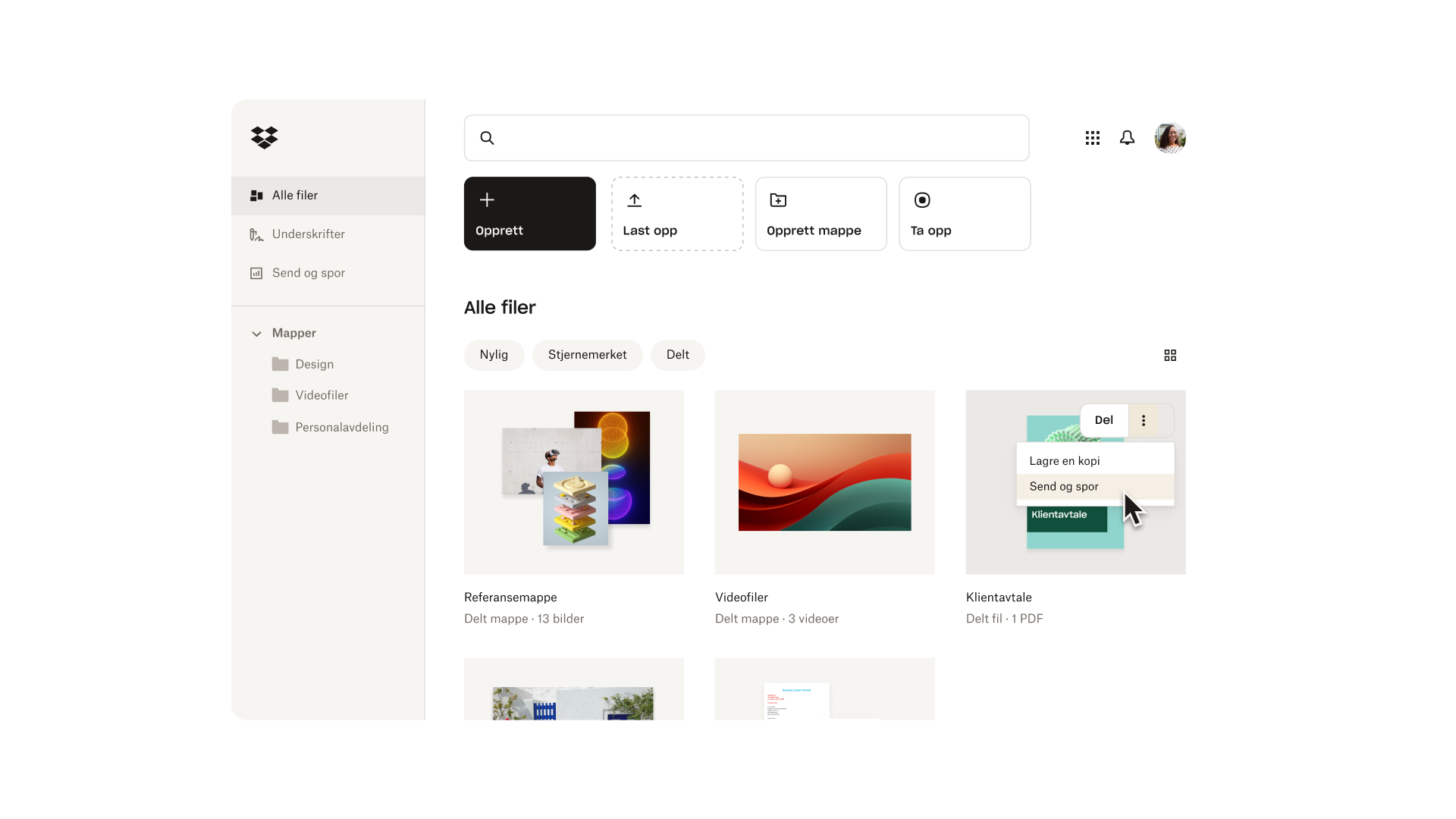 Dropbox-dashbord som viser flere dokumenttyper.
