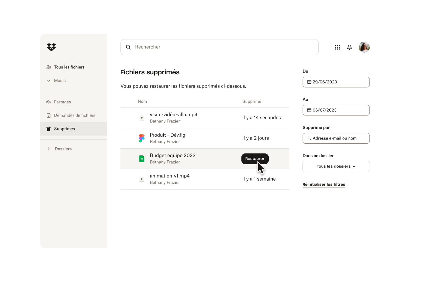 Image illustrant la restauration d’un fichier supprimé dans Dropbox