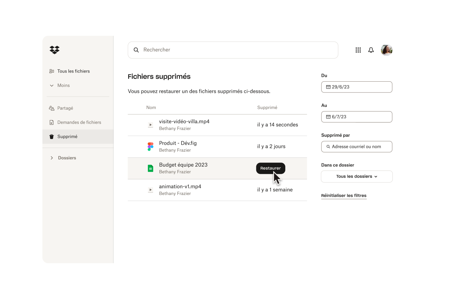 Image illustrant la restauration d’un fichier supprimé dans Dropbox