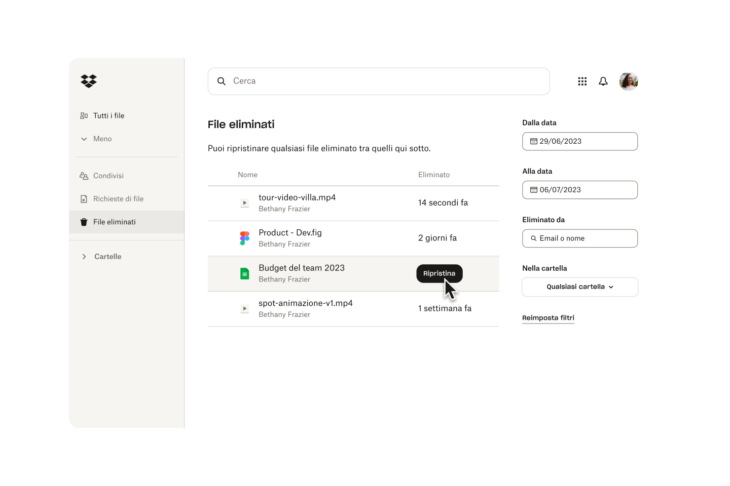 Immagine del ripristino di un file eliminato su Dropbox.