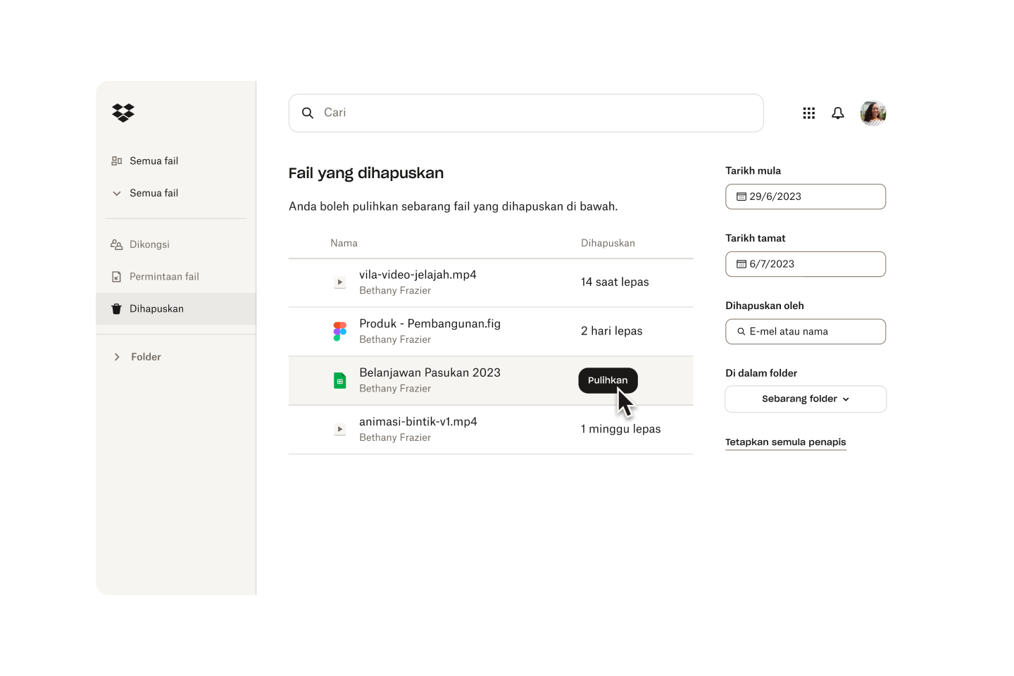Imej memulihkan fail yang dihapuskan dalam Dropbox.