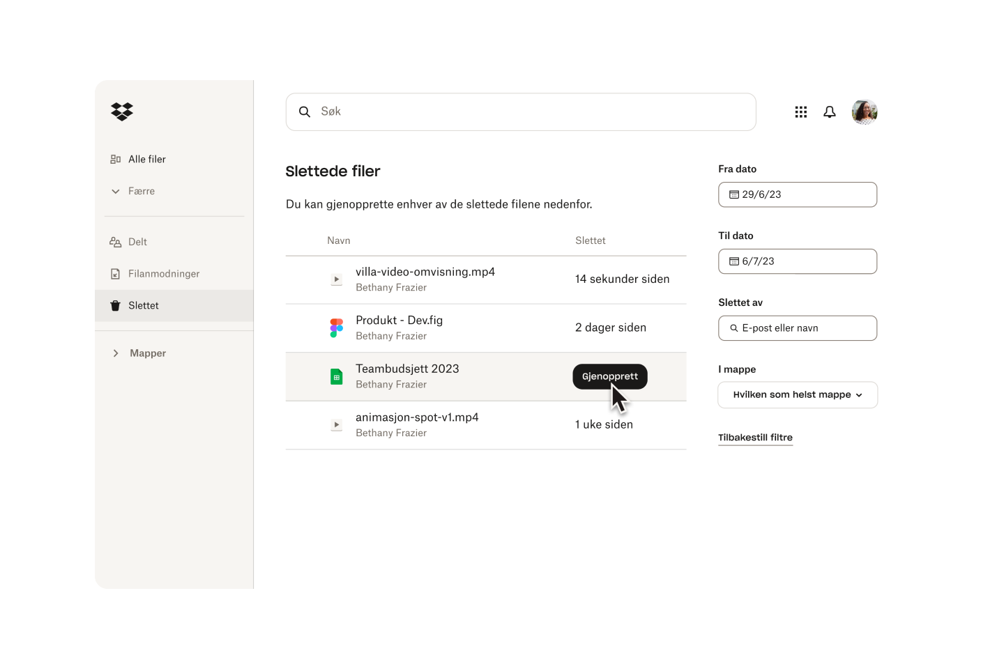 Bilde av gjenoppretting av en slettet fil i Dropbox.