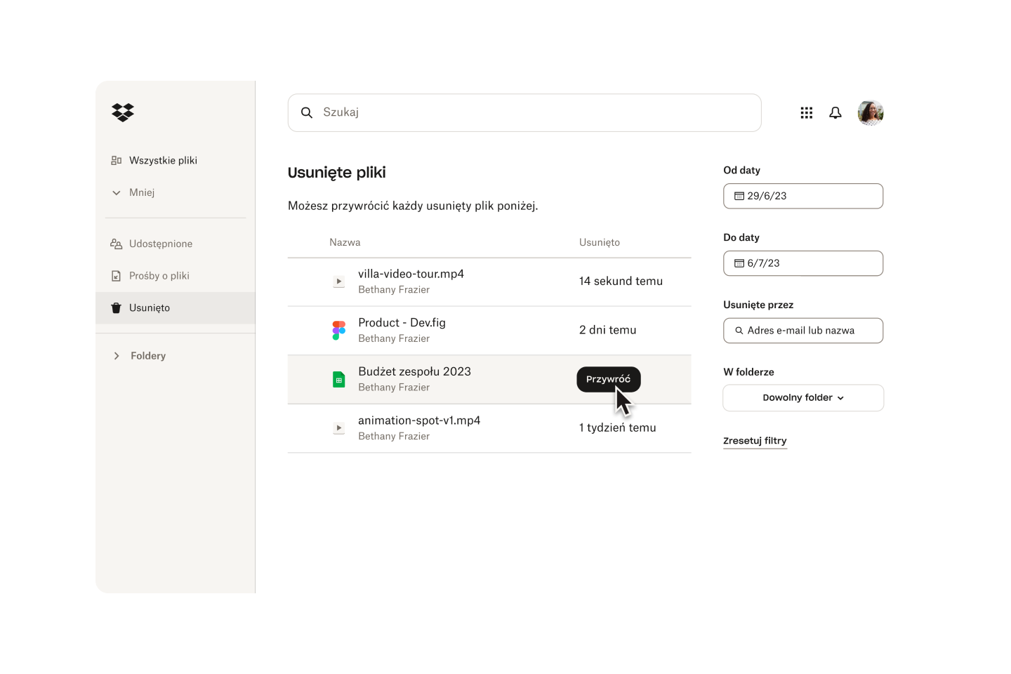 Obraz przywracania usuniętego pliku w Dropbox.