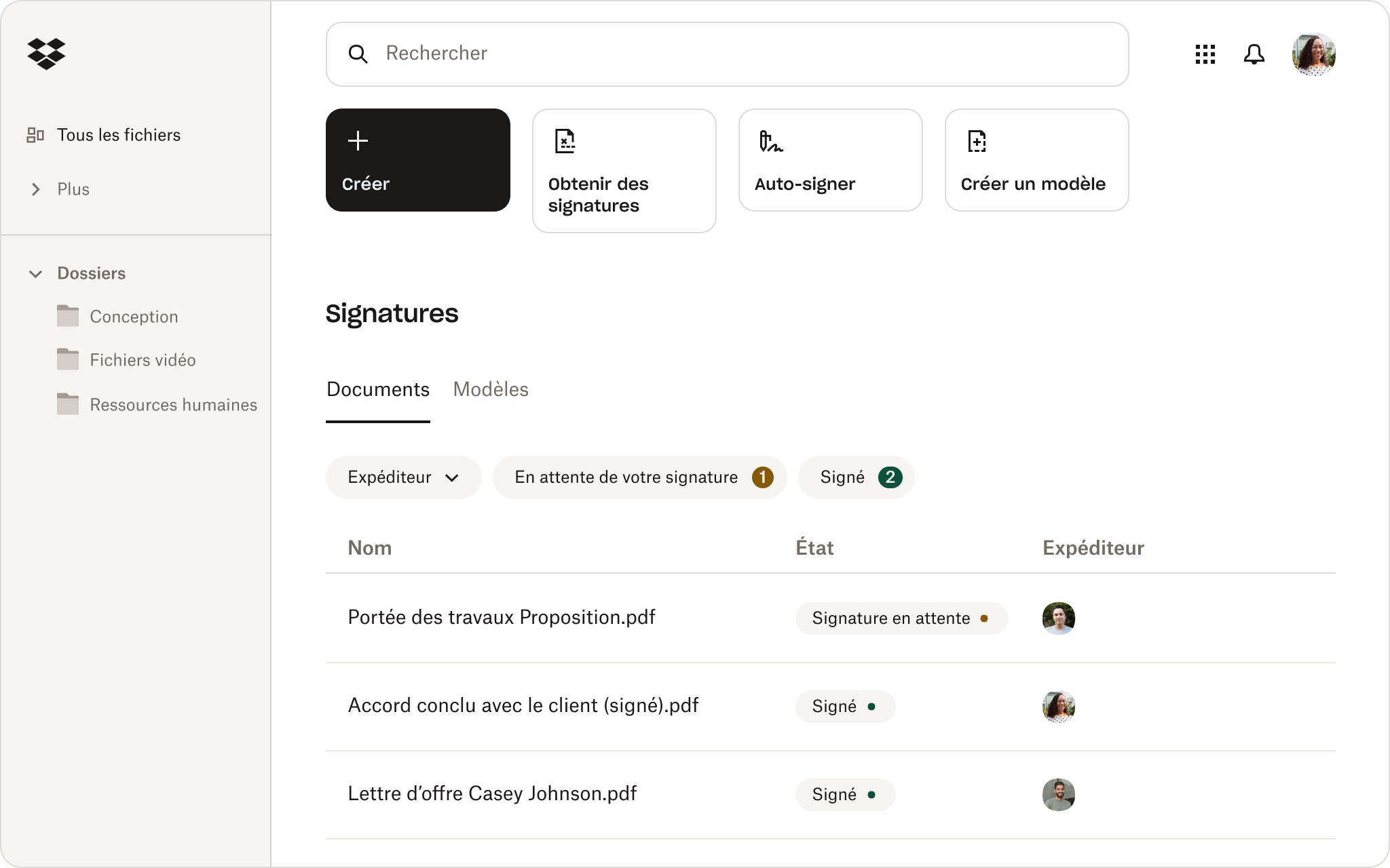Écran de signatures Dropbox Sign